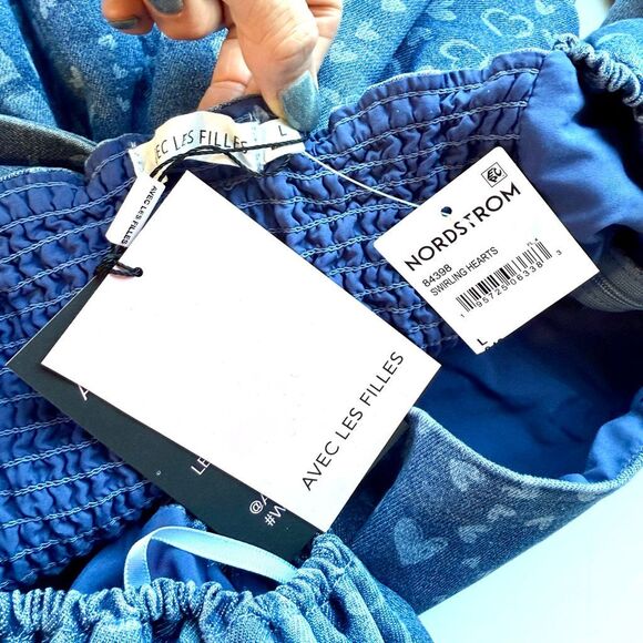 NWT Avec Les Filles puff sleeves baby doll mini dress in denim with heart prints - Picture 16 of 16